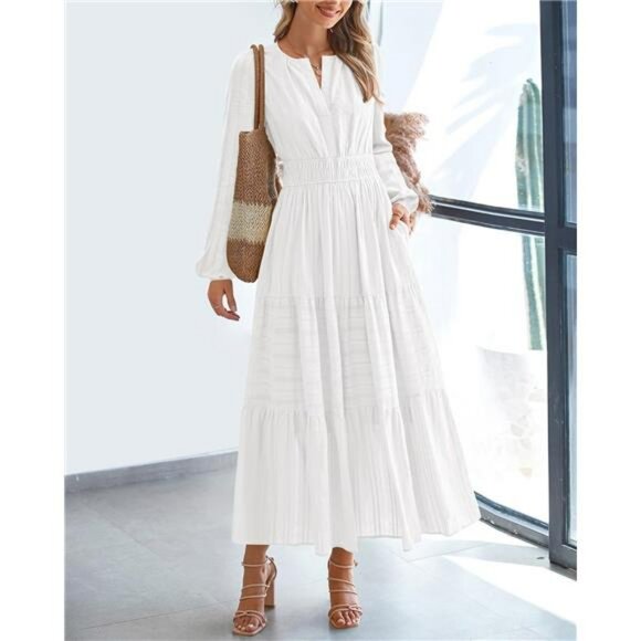 Long Sleeve V Neck Maxi Dress Fall Wedding Guest Flowy Dress with Pockets - Picture 2 of 7